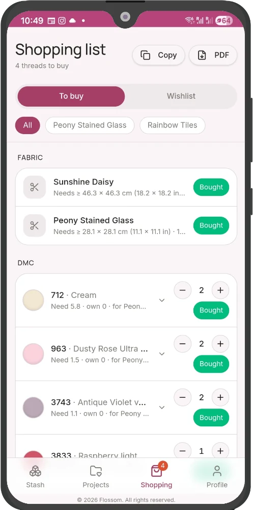 Flossom shopping list screen
