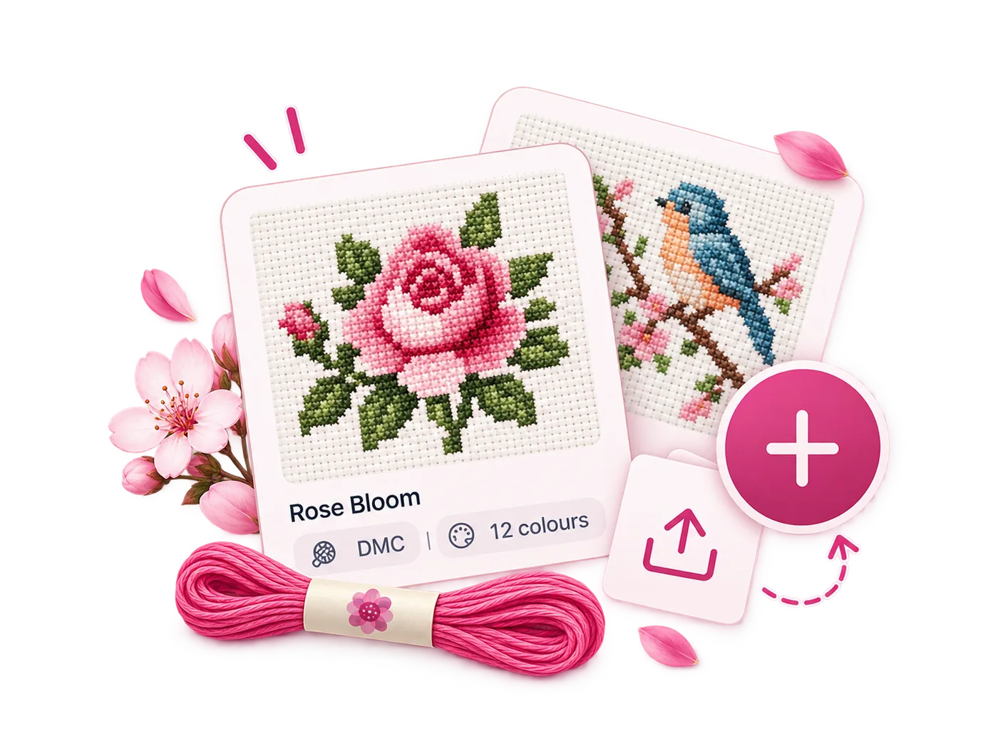 Flossom projects screen listing cross stitch patterns with cover images and progress
