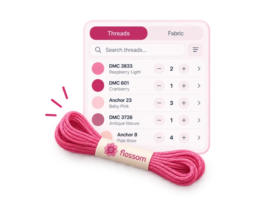 Flossom thread stash list showing DMC colours with the quantity of skeins held for each shade
