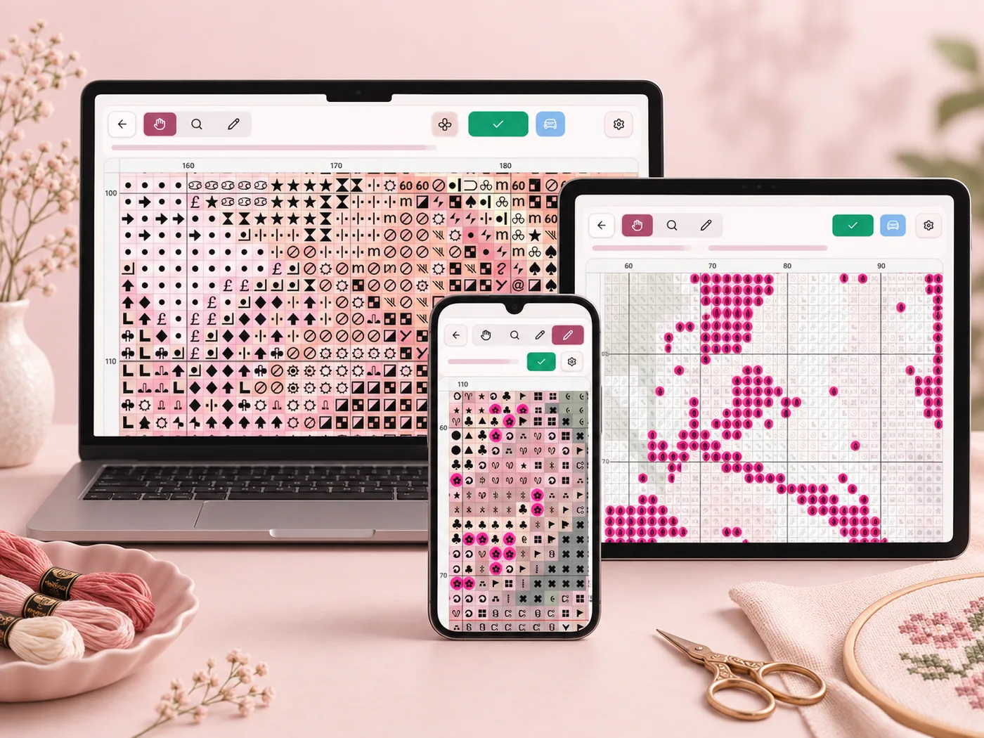Flossom chart reader running on laptop, tablet and phone