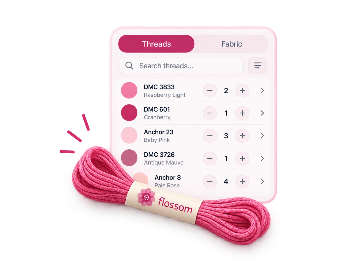 Flossom thread stash list showing DMC colours with the quantity of skeins held for each shade
