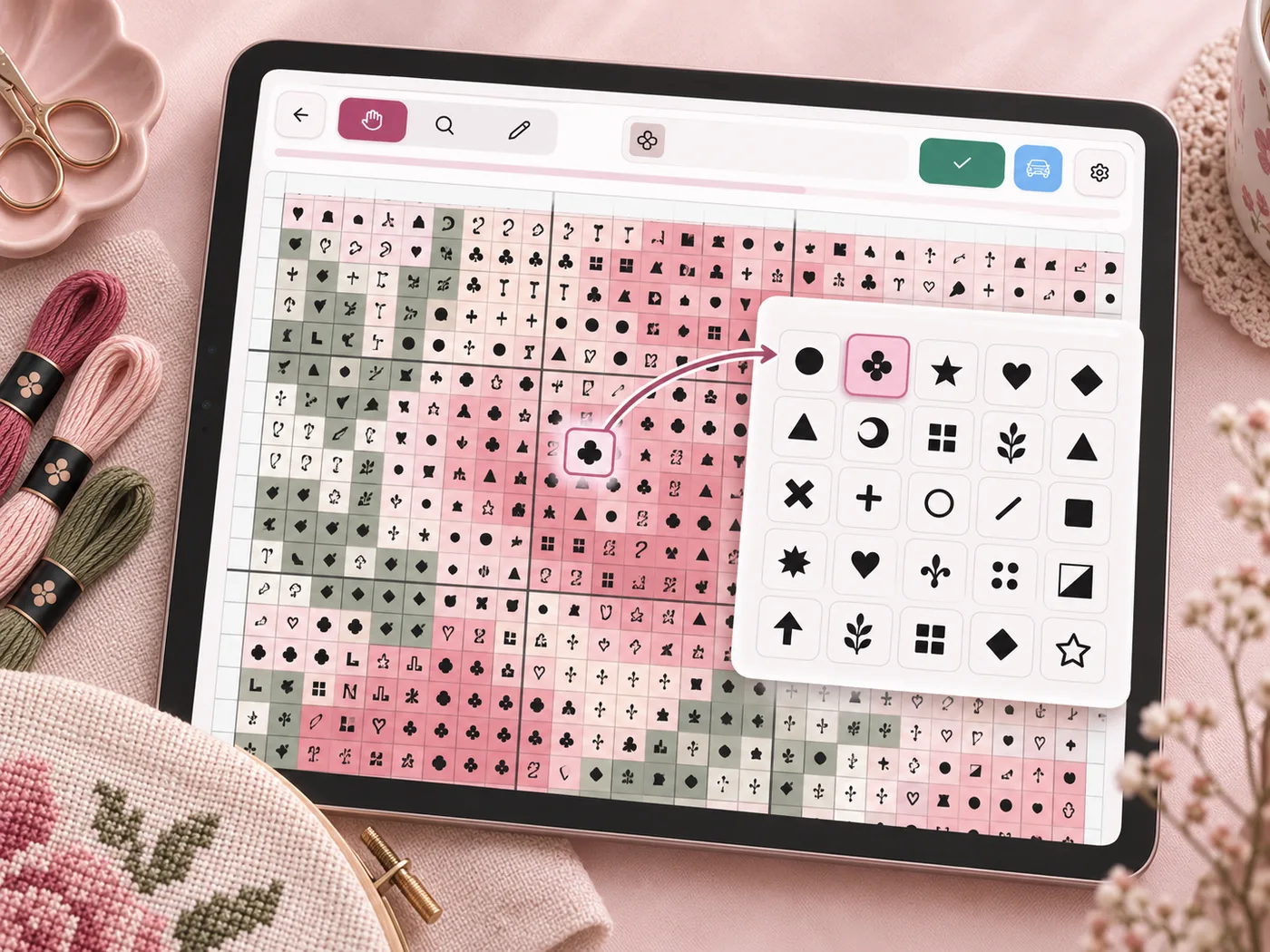 Flossom chart reader symbol replacement picker showing an unclear symbol being swapped for a clearer one