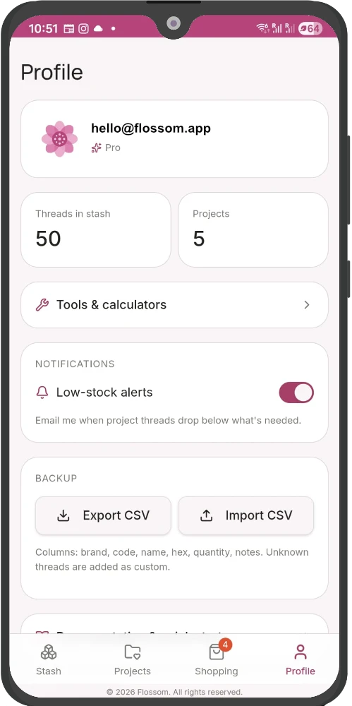 Flossom profile screen