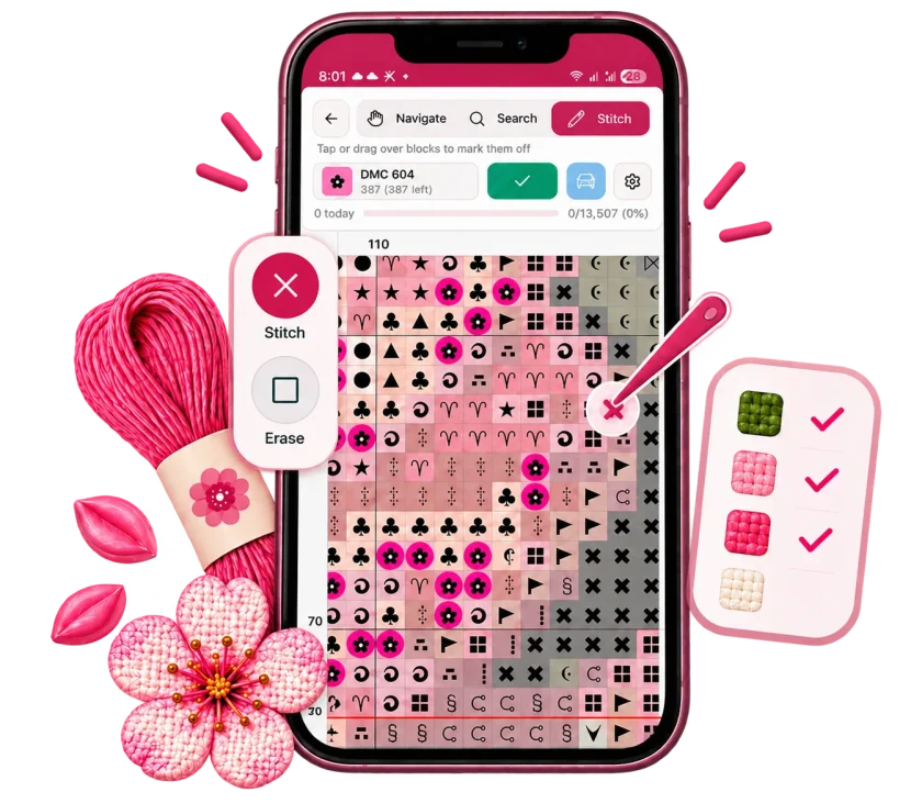 Flossom chart reader showing a cross stitch chart with completed stitches marked off