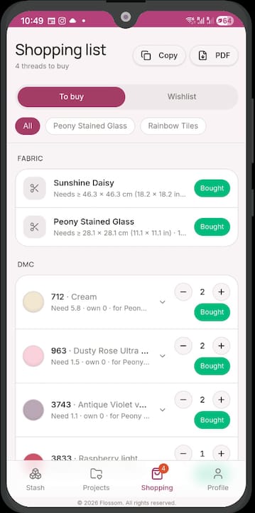 Flossom shopping list screen