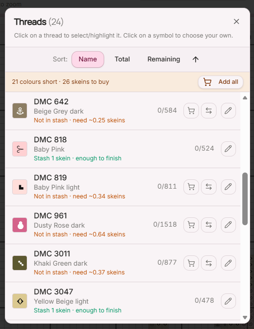 Flossom thread list showing project colours matched against stash, with quantities needed and an add-to-cart option