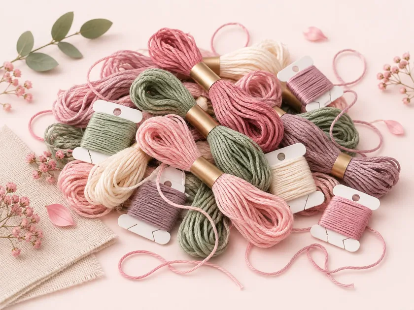 Messy cross stitch thread stash with skeins scattered