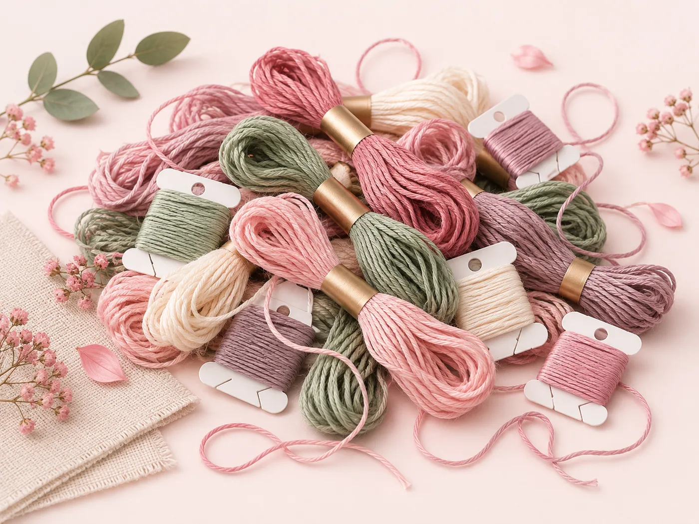 Messy cross stitch thread stash with skeins scattered