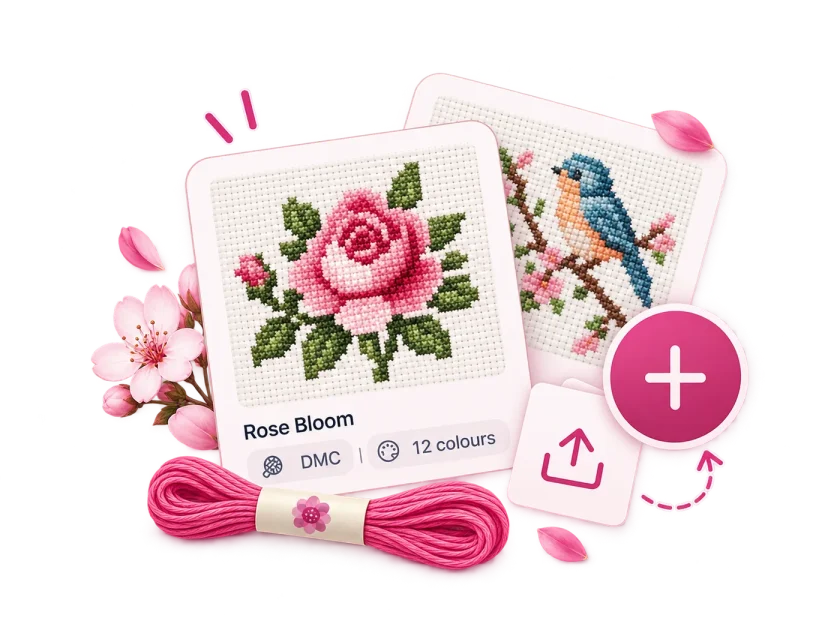 Flossom projects screen listing cross stitch patterns with cover images and progress