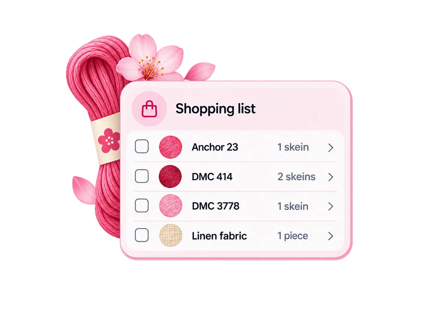 Flossom shopping list showing only the threads and fabric missing from the stash for a project