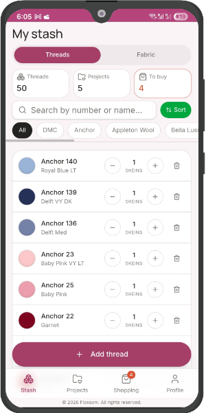 Flossom stash screen showing DMC thread inventory