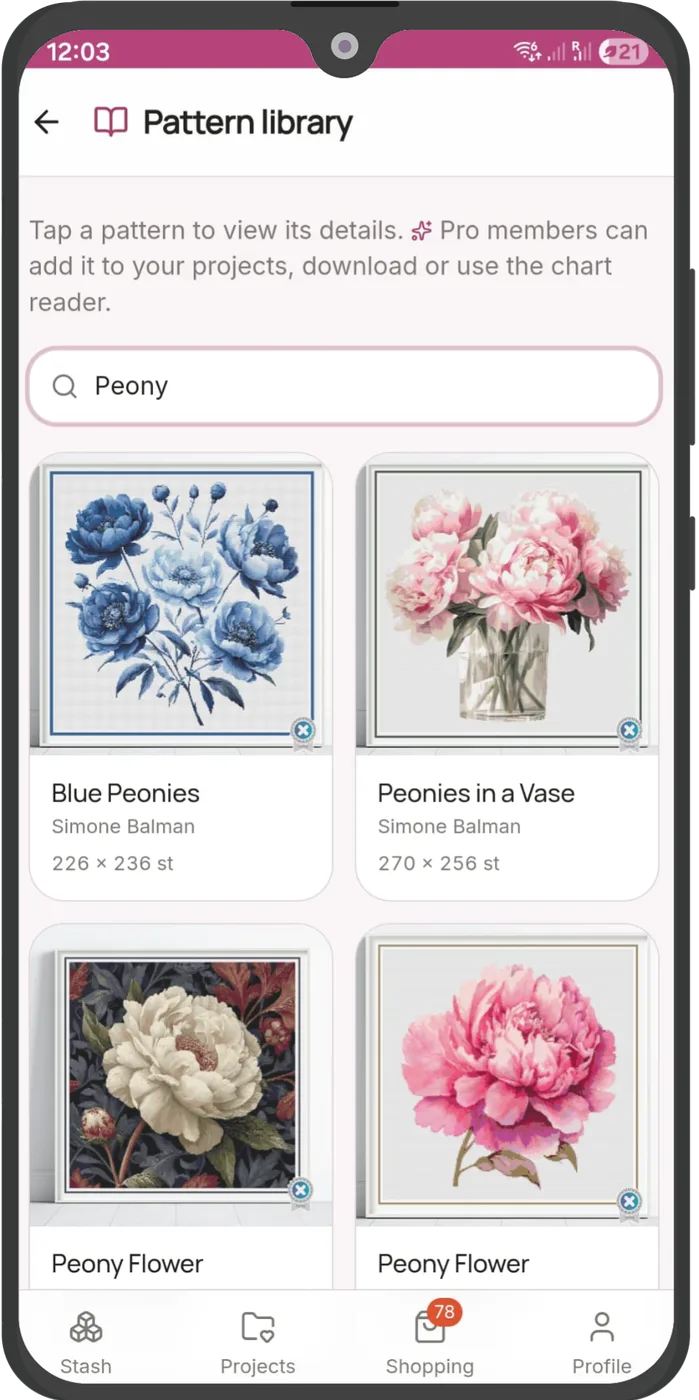 Flossom pattern library screen