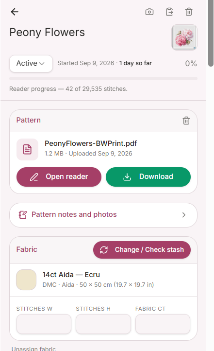 Flossom project page showing pattern details, fabric and reader progress