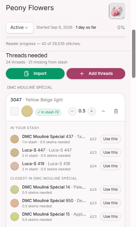 Flossom thread substitutions panel showing stash matches and alternative threads