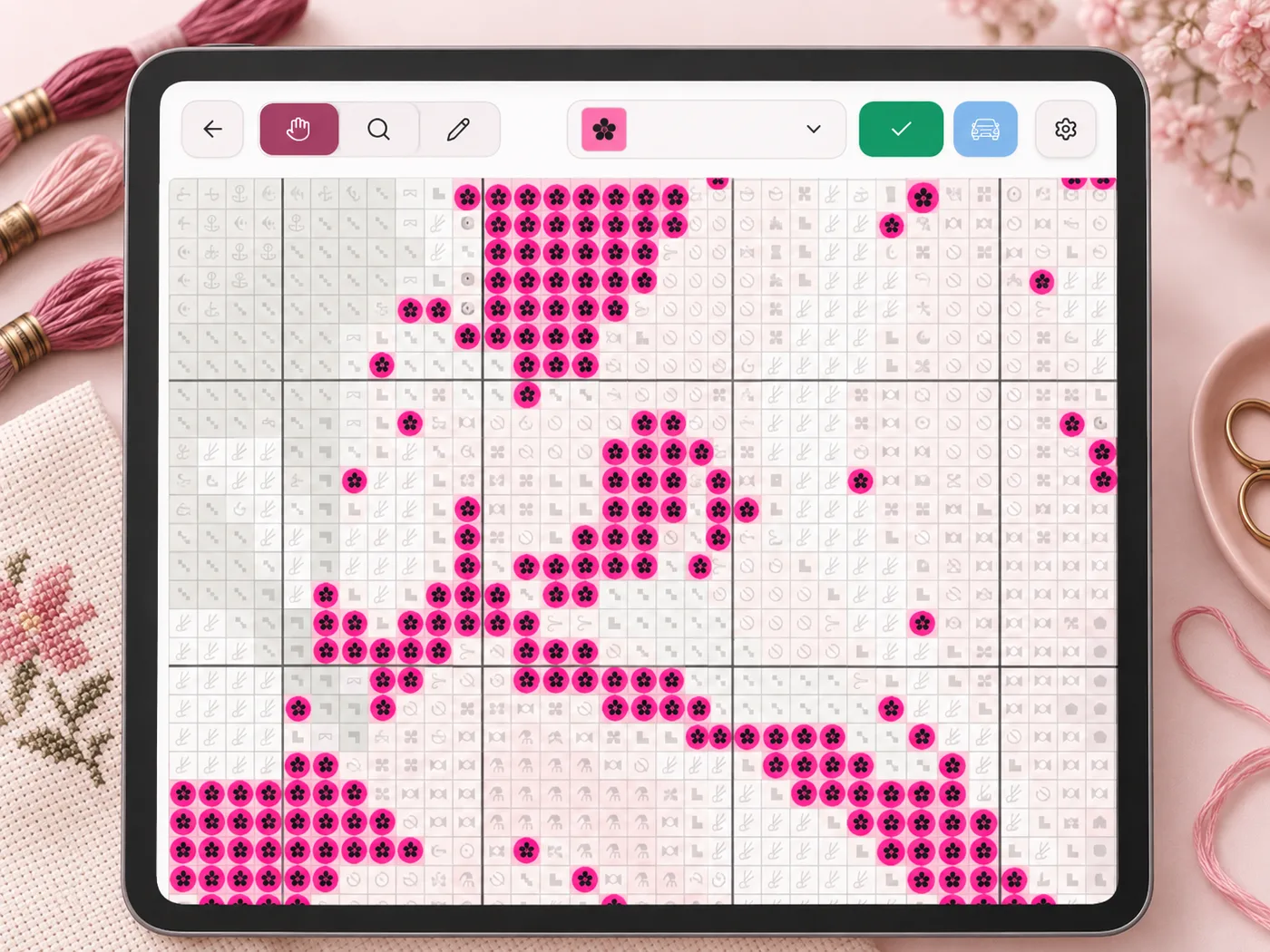 Flossom cross stitch chart reader highlighting every stitch that matches the selected thread