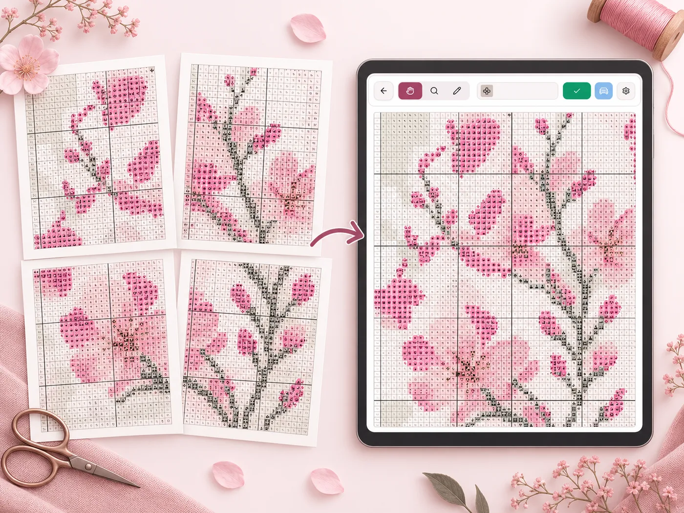 Cross stitch PDF pages joined into one continuous interactive chart on a tablet