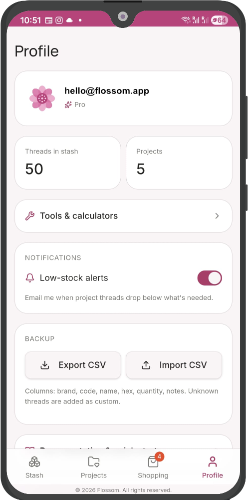 Flossom profile screen