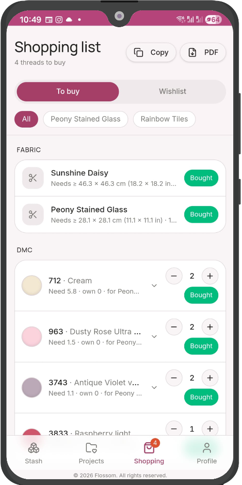 Flossom shopping list screen