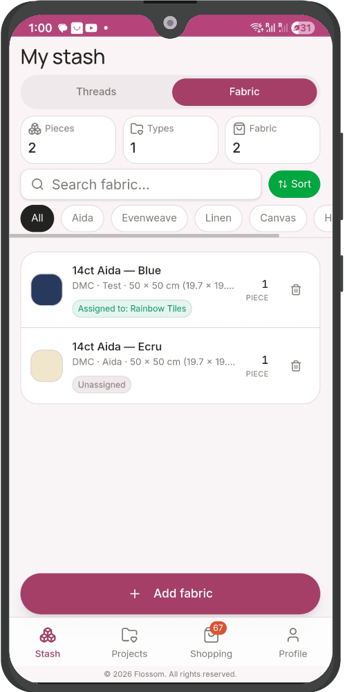 Flossom fabric stash screen